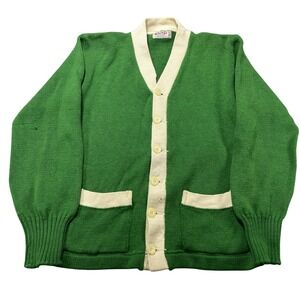 Vintage Sand Knit Sweater Mens Size 38 Green Button Cardigan V Neck Pockets